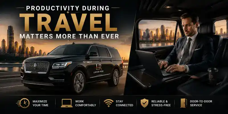 Lincoln Navigator executive transportation service featuring a business professional working comfortably during travel, highlighting productivity, connectivity, door-to-door luxury travel, and Lavish Ride private intercity transportation.
